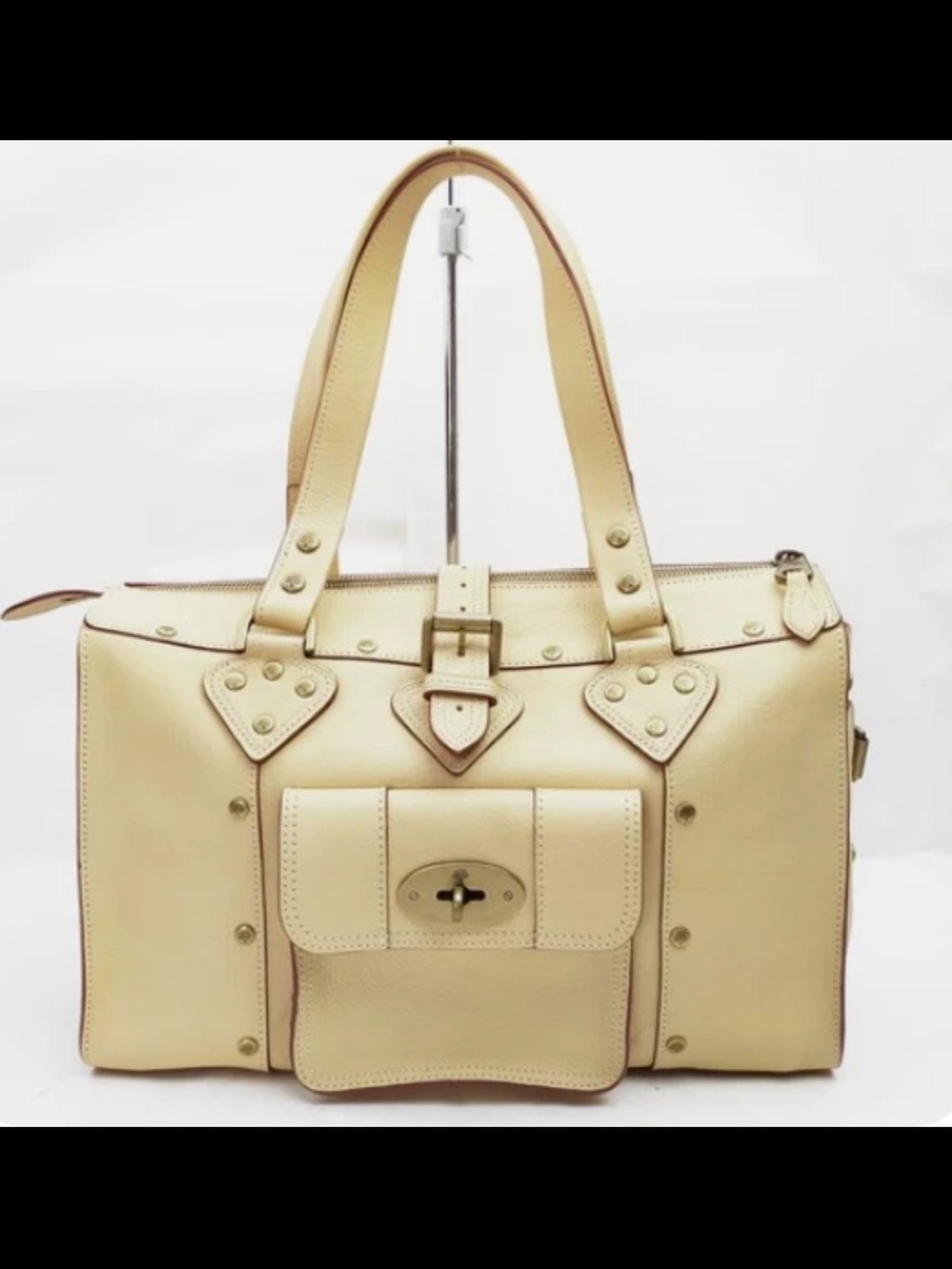 Mulberry Cream Leather Satchel with Front Turn-Lock Pocket